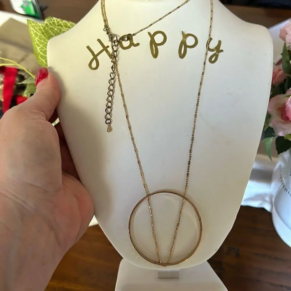 Anthropology Long Necklace vintage rustic gold color with pendant 32” long